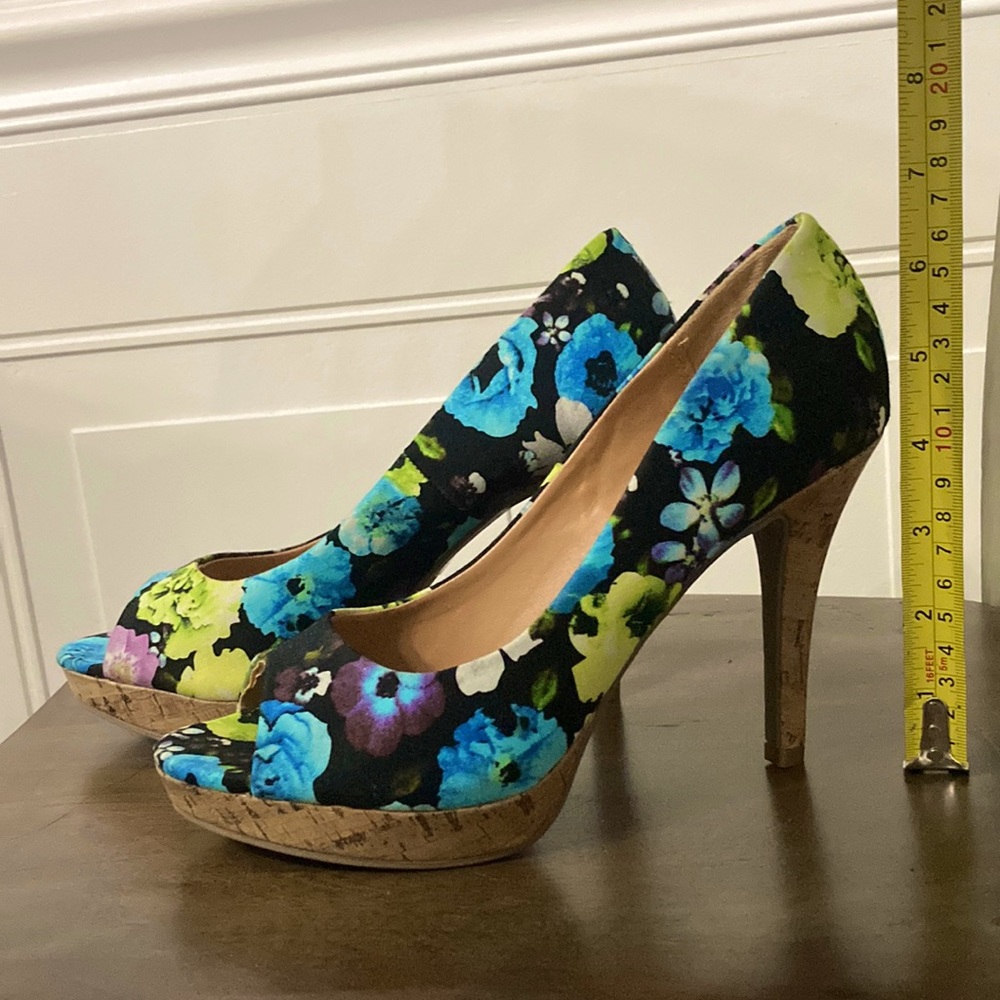 New womens Blue Floral Slingback Platform Heel Fashion Pump 8 pumps stilettos
